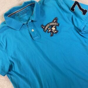 American Eagle Outfitters Mens Polo Shirt Sz XXL Blue Athletic Fit Eagle Patch 7